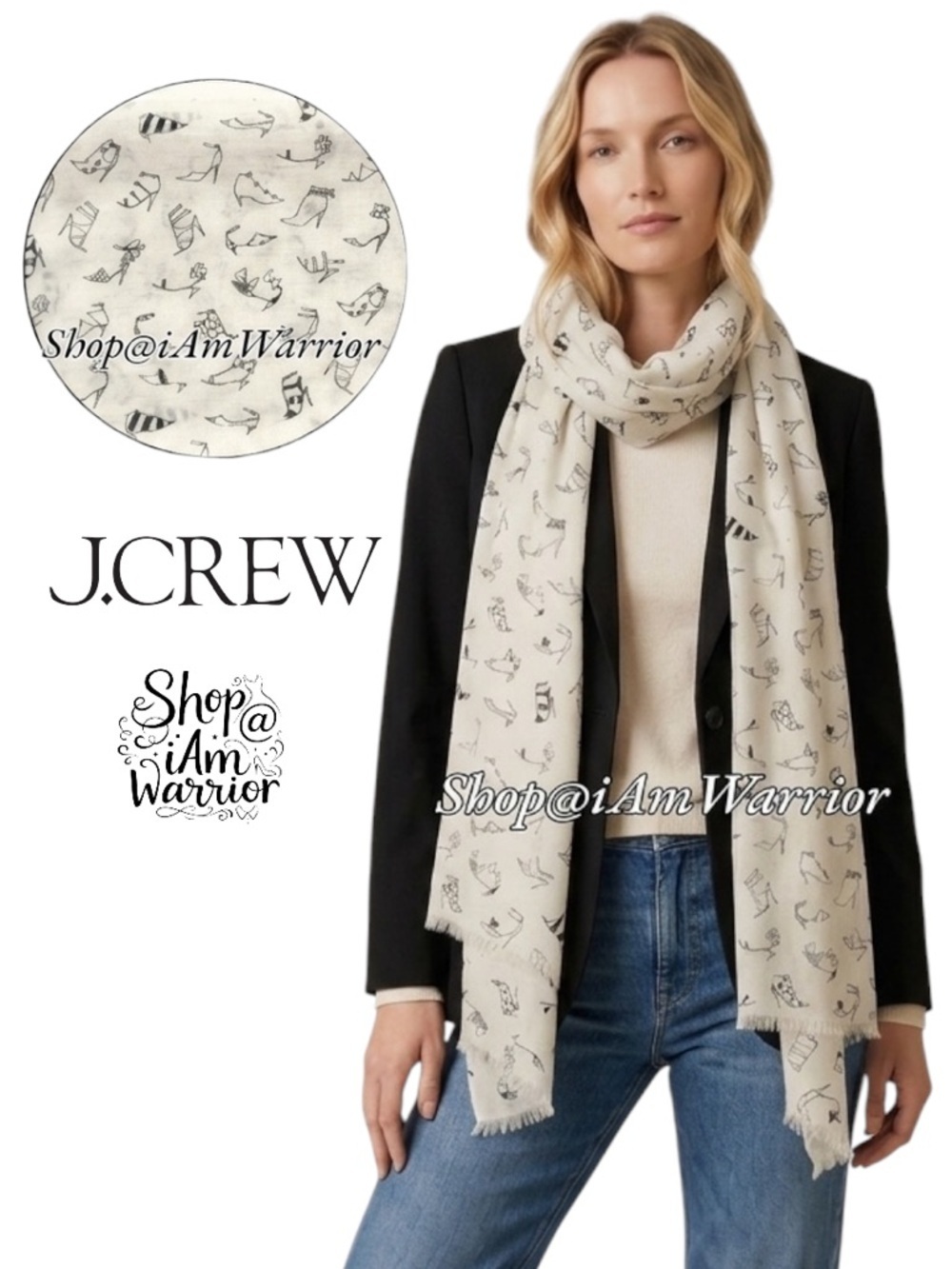 J.Crew Wool Silk Blend Scarf Ivory Whimsical Shoe Print Lightweight Wrap Scarf